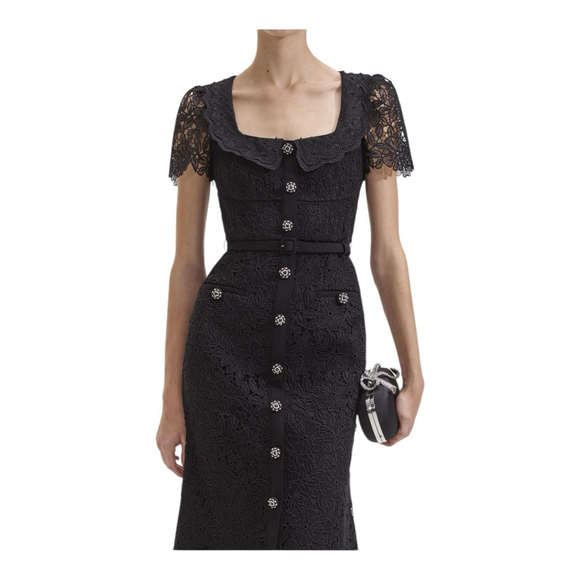 Self-Portrait Black Guipure Lace Button Midi Dress Size 8 ** no belt - Picture 3 of 11